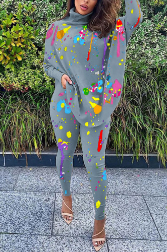 Grey Daily Print Slit Turtleneck Long Sleeve Two Pieces