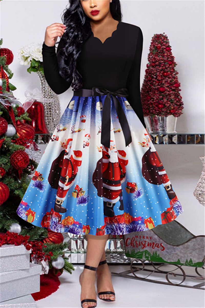 

Blue Christmas Fashion Burnout Printed Dress