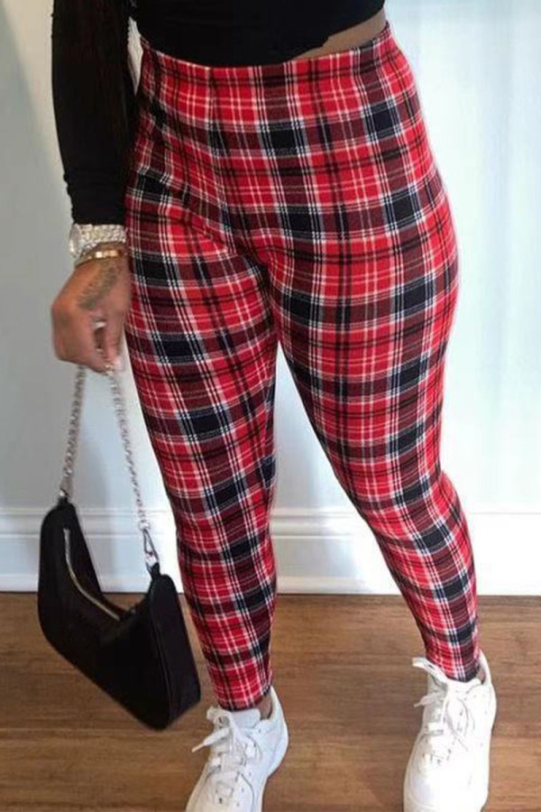 Red Sexy Plaid Skinny High Waist Pencil Bottoms
