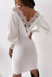 Cream White Fashion Sexy Solid Backless V Neck Long Sleeve Dress