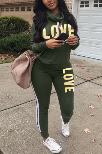 Green Fashion Print Patchwork O Neck Long Sleeve Two Pieces