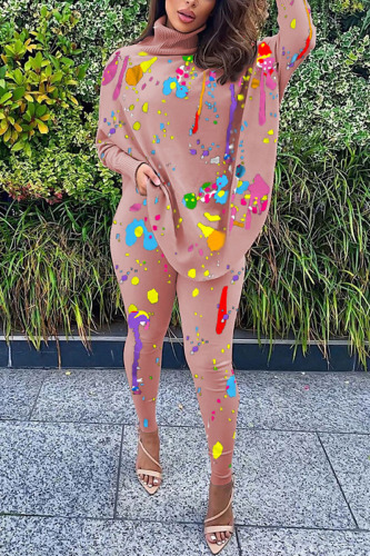 Pink Daily Print Slit Turtleneck Long Sleeve Two Pieces