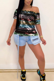 As Show Sweet Party Sequin Oblique Collar Tops