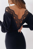 Black Fashion Sexy Solid Backless V Neck Long Sleeve Dress