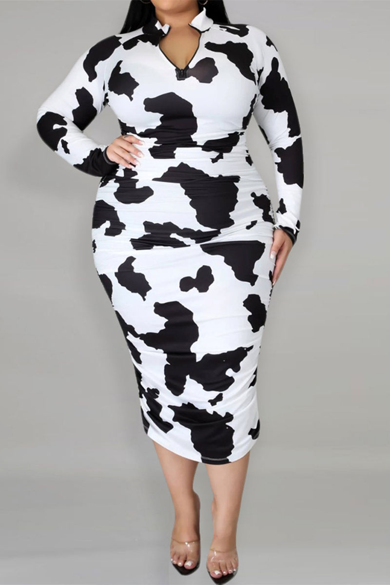 

Black White Sexy Print Hollowed Out O Neck Straight Plus Size
