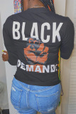 Black Casual Letter O Neck Tops