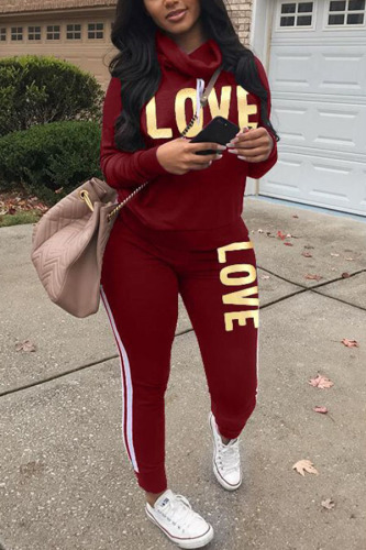 Wine Red Fashion Print Patchwork O Neck Long Sleeve Two Pieces