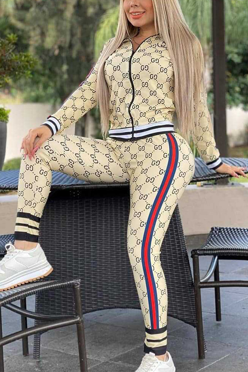 

Apricot Casual Print O Neck Long Sleeve Two Pieces