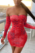 Red Sexy Print Bateau Neck Wrapped Skirt Dresses