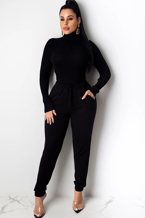 

Black Polyester Casual Two Piece Suits Solid Patchwork pencil Long Sleeve Two-piece Pants Set