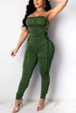 Wine Red Fashion Sexy Solid Hollowed Out Fold Strap Design Strapless Skinny Jumpsuits