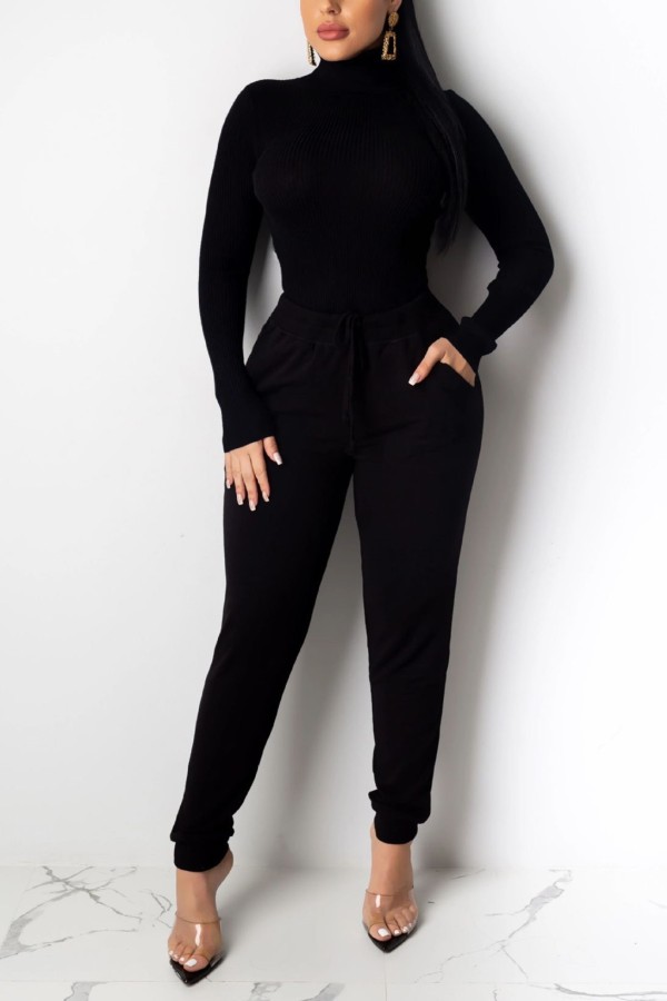 Black Casual Two Piece Suits Solid Patchwork pencil Long Sleeve Two-piece Pants Set