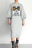 Grey Trendy Printed Mid Calf Dress