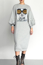 Grey Trendy Printed Mid Calf Dress