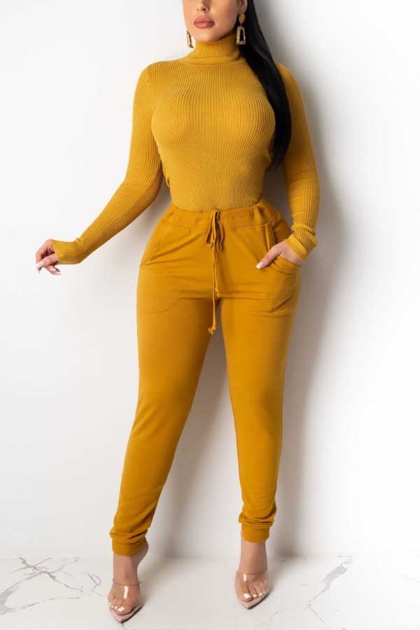 Yellow Casual Two Piece Suits Solid Patchwork pencil Long Sleeve Two-piece Pants Set