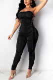 Wine Red Fashion Sexy Solid Hollowed Out Fold Strap Design Strapless Skinny Jumpsuits