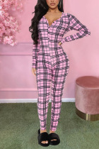 Pink Casual Plaid O Neck Skinny Jumpsuits