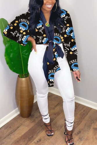 Blue Black Fashion Casual Print Basic V Neck Tops