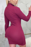 Wine Red Sexy Solid Patchwork O Neck Pencil Skirt Dresses