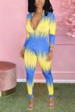 Blue Yellow Casual Print Patchwork Zipper Collar Skinny Jumpsuits