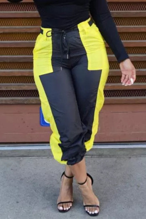 Yellow Black Casual Solid Buttons Patch Regular Small Elastic High Waist Pencil Bottoms