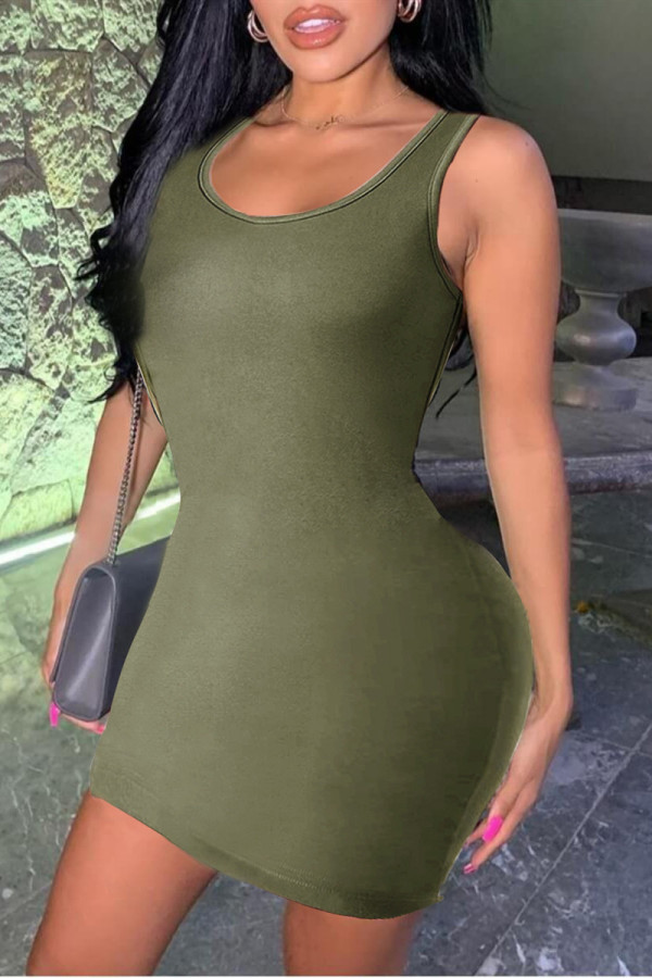 Green Sexy Casual Solid Backless U Neck A Line Dresses