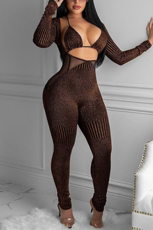 Brown Fashion Sexy Patchwork Solid Hollowed Out See-through Long Sleeve Two Pieces