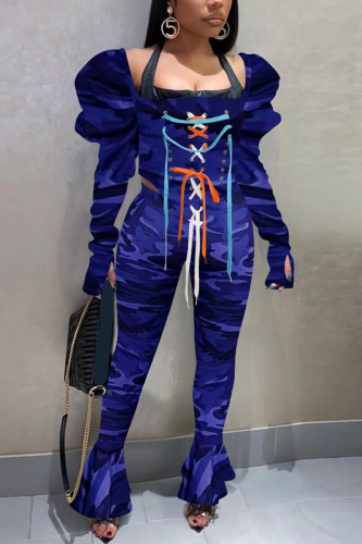 Deep Blue Sexy Casual Camouflage Print Strap Design Square Collar Long Sleeve Two Pieces