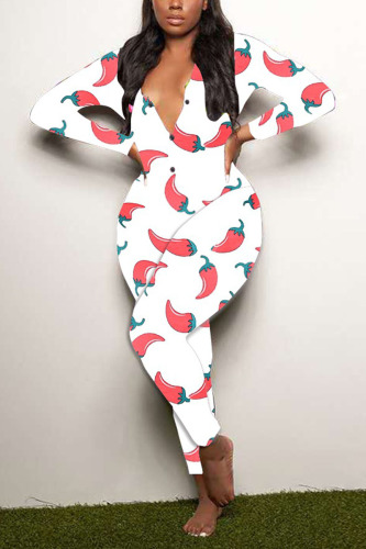 Red Living Print V Neck Skinny Jumpsuits