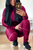 Red Sexy Print Two Piece Suits Patchwork pencil Long Sleeve Two-piece Pants Set