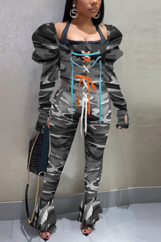 Grey Sexy Casual Camouflage Print Strap Design Square Collar Long Sleeve Two Pieces