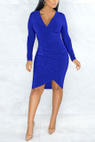 Tibetan Blue Sexy Solid Patchwork V Neck Pencil Skirt Dresses