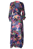 Multicolor Fashion V-neck Long Sleeved Printed Dress