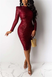 Wine Red Fashion Sexy Solid Sequins Patchwork O Neck Pencil Dresses