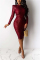 Wine Red Fashion Sexy Solid Sequins Patchwork O Neck Pencil Dresses