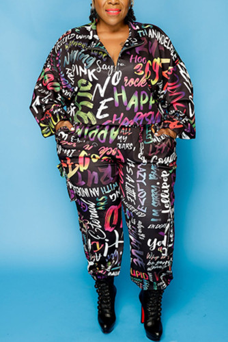 Black Fashion Casual Print Basic Turndown Collar Plus Size Set