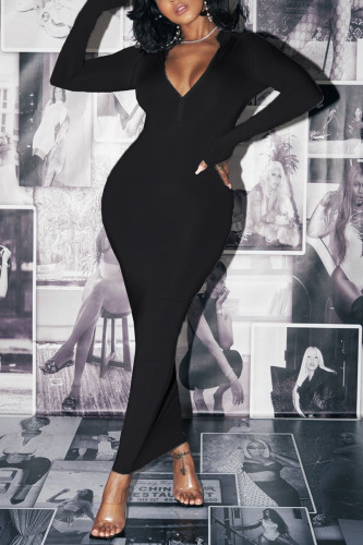 Black Sexy Solid O Neck Wrapped Skirt Dresses