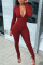 Wine Red Casual Solid V Neck Skinny Jumpsuits