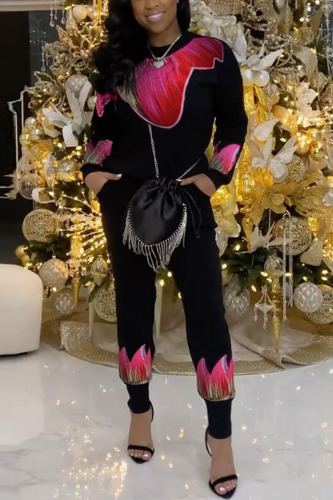 Black Work Daily Print Solid Patchwork O Neck Long Sleeve Two Pieces