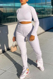 White Casual Solid Slit O Neck Long Sleeve Two Pieces