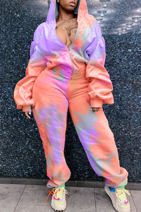 Orange Sexy Casual Print Tie Dye Patchwork Hooded Collar Plus Size