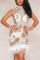 White Fashion Sexy Patchwork Sequins See-through Turtleneck Sleeveless Dress