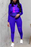 Royal Blue Fashion Casual Letter Print Ripped Hooded Collar Long Sleeve Two Pieces