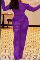 Purple Fashion Casual Print Basic Oblique Collar Regular Jumpsuits