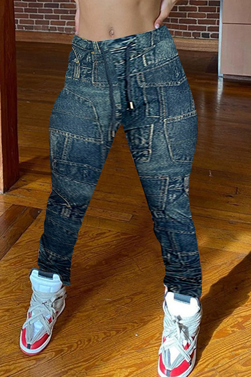 

Blue Fashion Casual Print Basic Plus Size Trousers