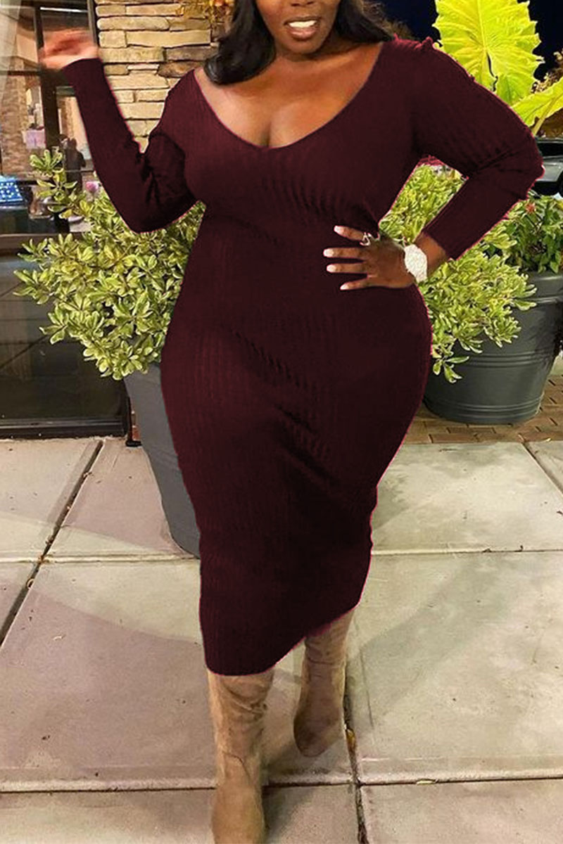 

Coffee Sexy Solid V Neck Pencil Skirt Plus Size