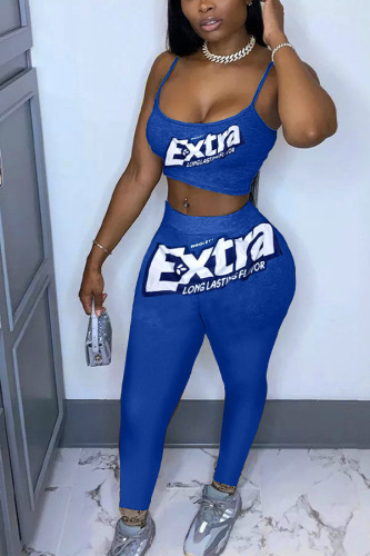 Dark Blue Casual Print pencil Sleeveless Two Pieces