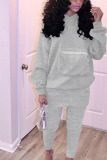 Grey Daily Solid Patchwork Pocket Hooded Collar Long Sleeve Regular Sleeve Regular Two Pieces