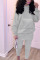 Grey Daily Polyester Solid Split Joint Pocket Hooded Collar Long Sleeve Regular Sleeve Regular Two Pieces