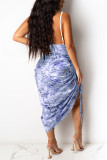 Light Blue Fashion Sexy Print Draw String Backless Spaghetti Strap Sling Dress